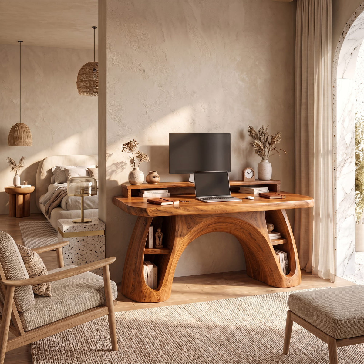 Contemporary Office Desk with Raised Monitor Platform, solid wood, built to order