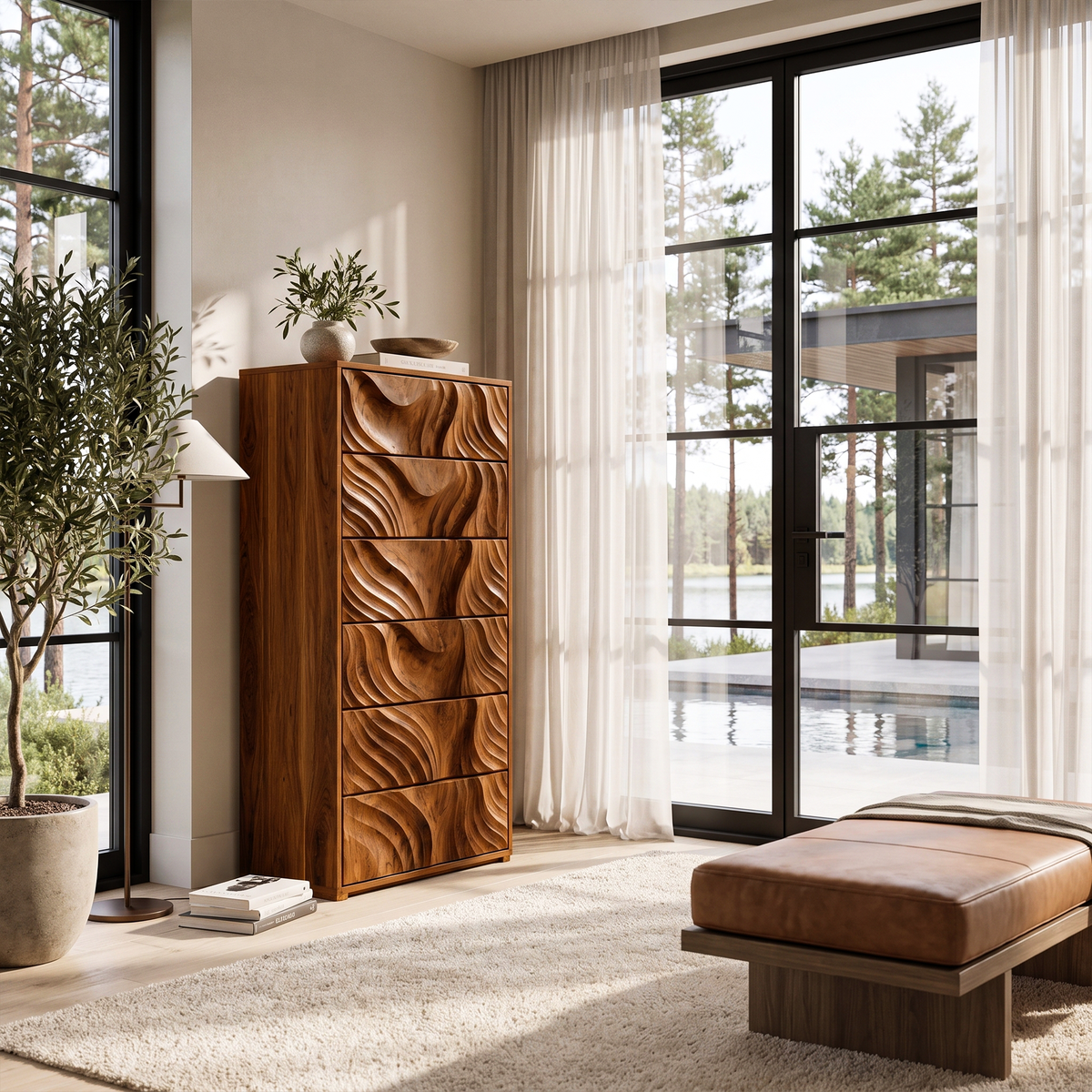 Organic Tall Dresser with Ripple Carved Drawer Fronts, solid wood, built to order