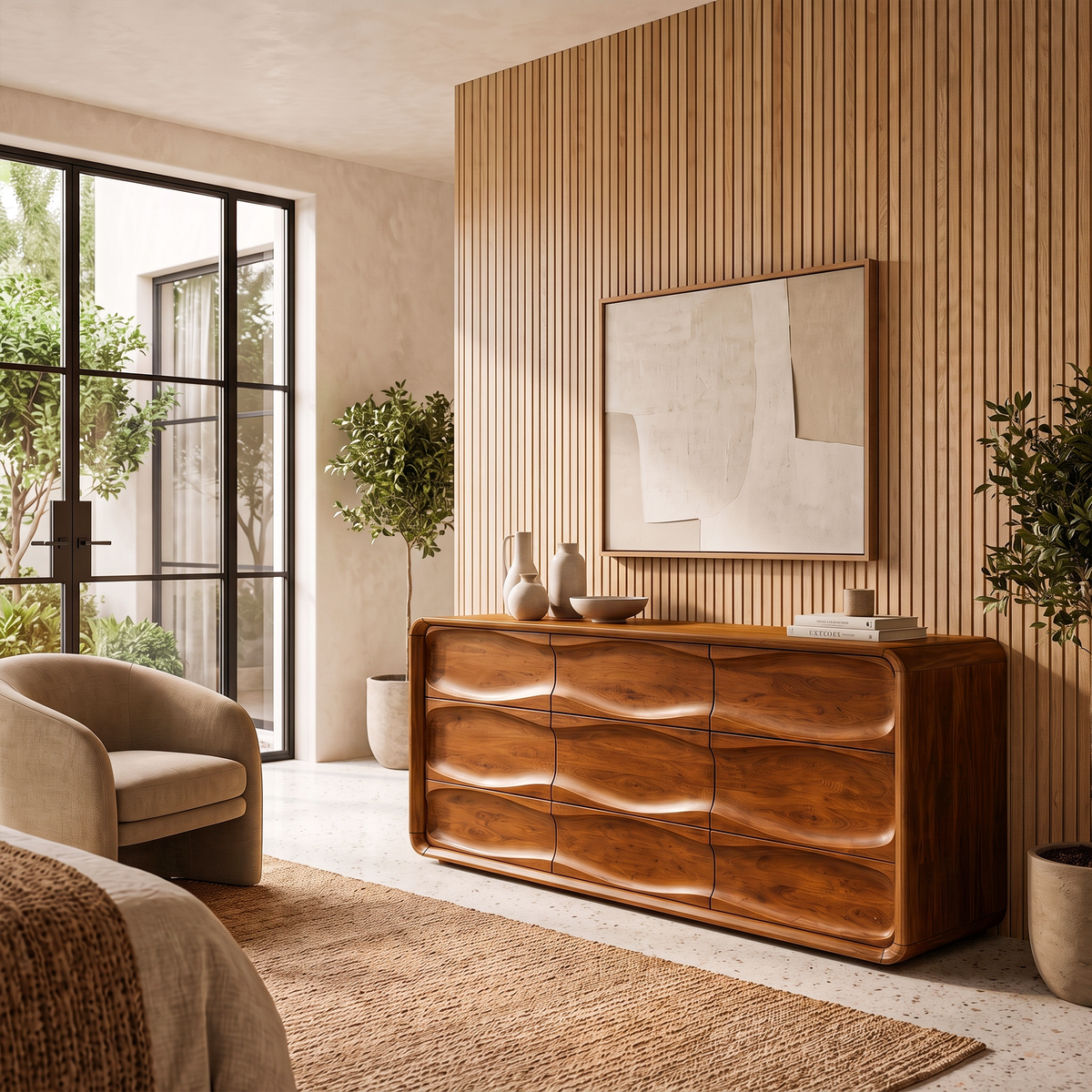 Contemporary Bedroom Dresser with Embossed Grain Front and Curved Corners, solid wood, built to order