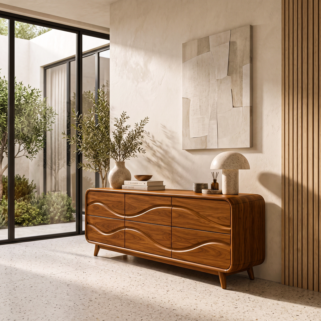 Contemporary Low Dresser with Embossed Grain Front and Curved Corners, solid wood, built to order