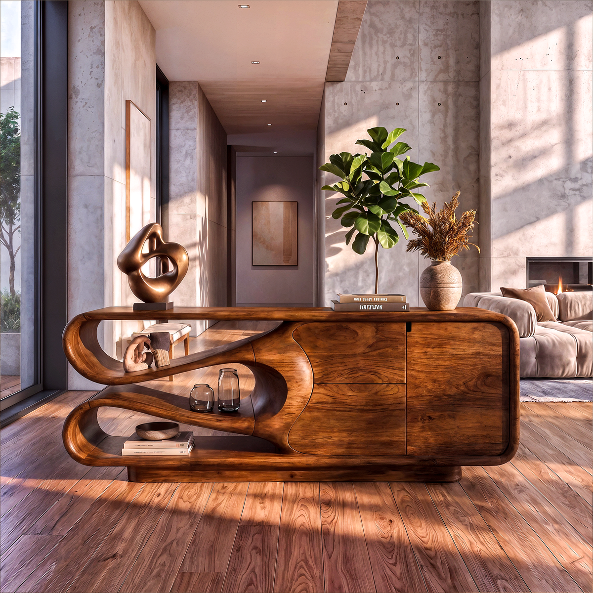 Organic Sideboard with Integrated Drawers and Flowing Silhouette, solid wood, built to order