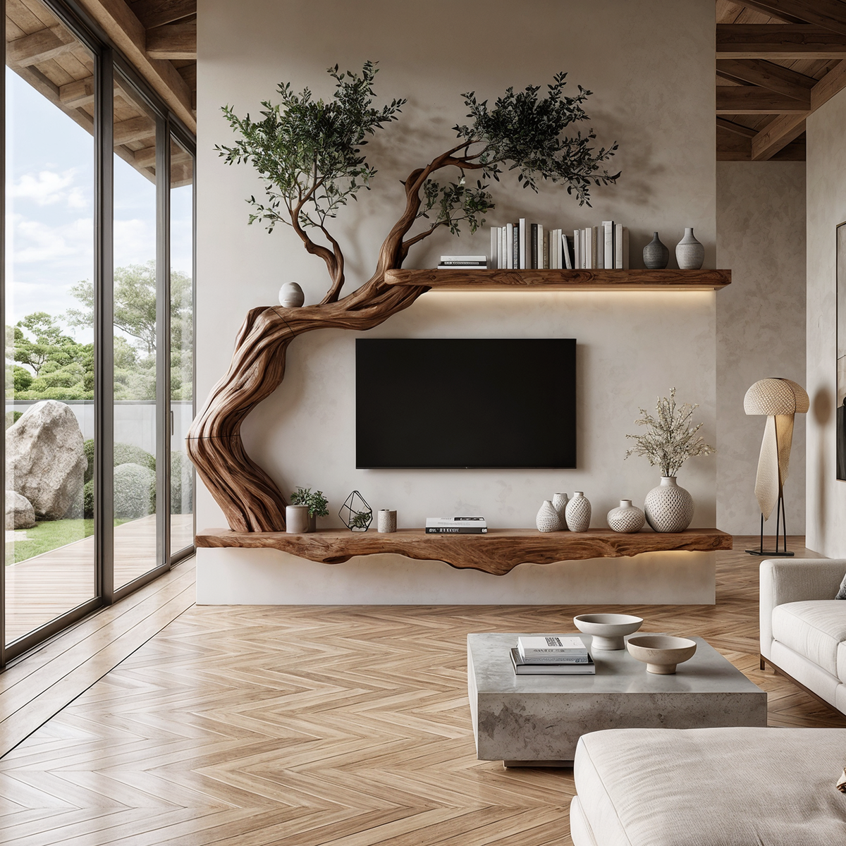 Organic Wall Mounted TV Stand with Sculptural Wood Design, solid wood, built to order
