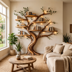 Organic Tree Bookshelf Living Room Interior Sculptural Wall Display, solid wood, built to order