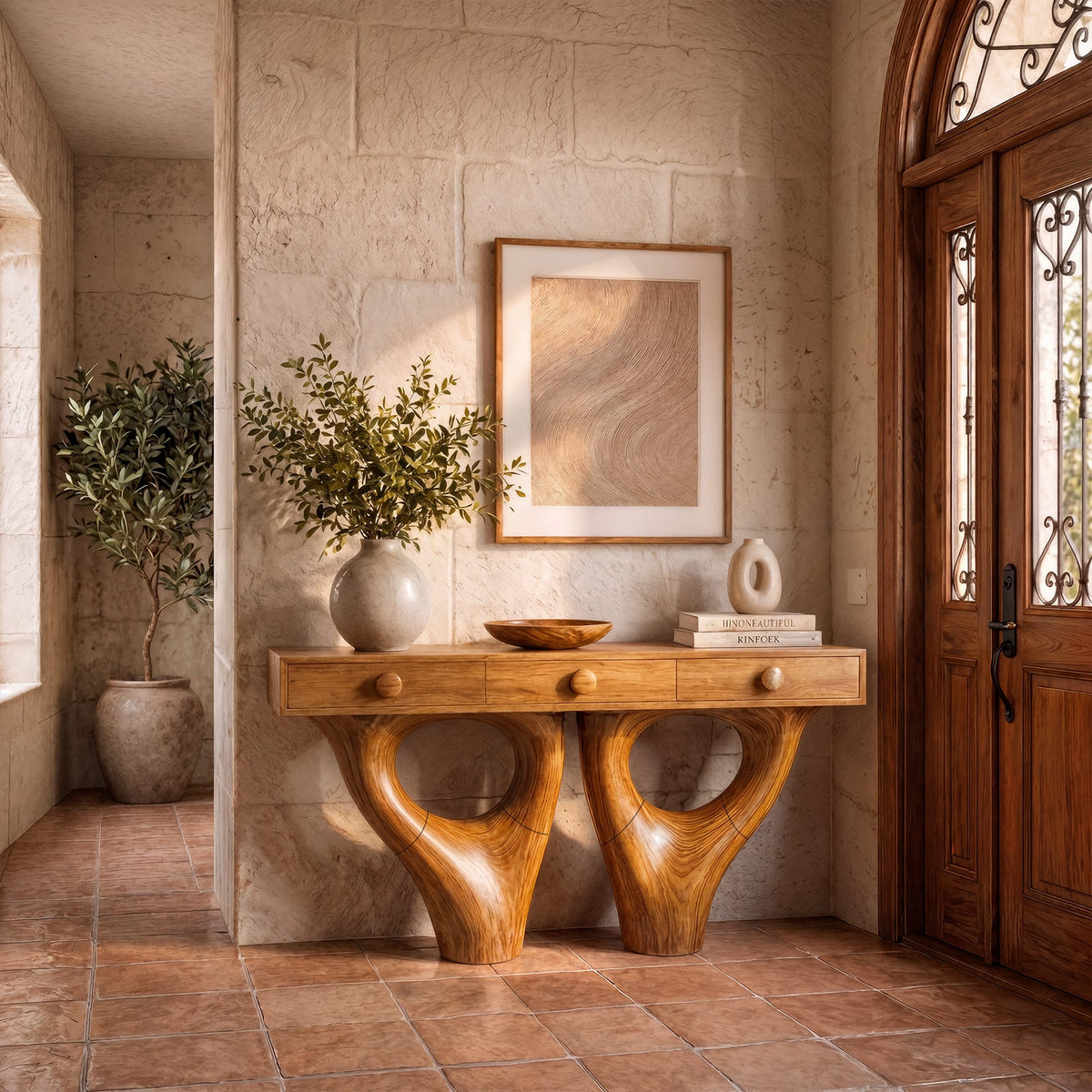 Sculptural Double Solid Console Table