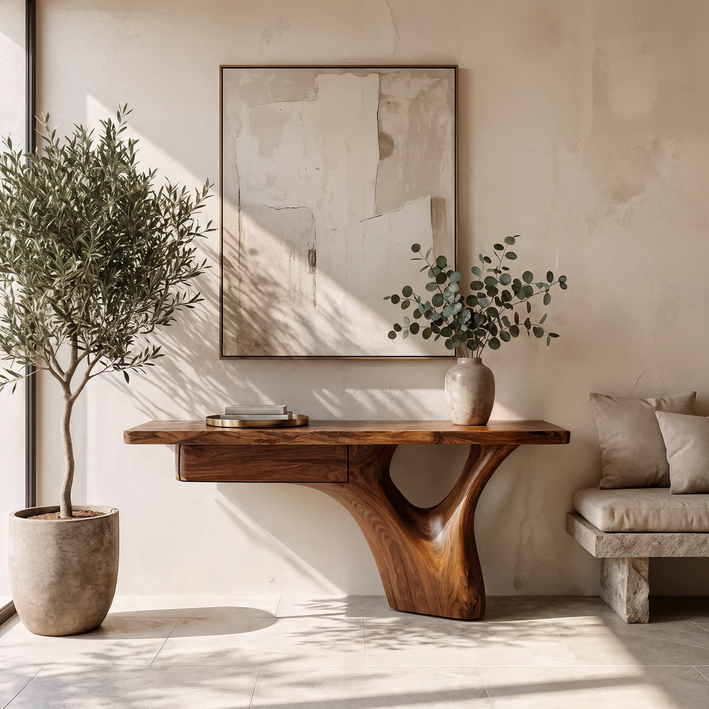 Organic Sculptural Console Table Tree Trunk Base Design, solid wood, built to order