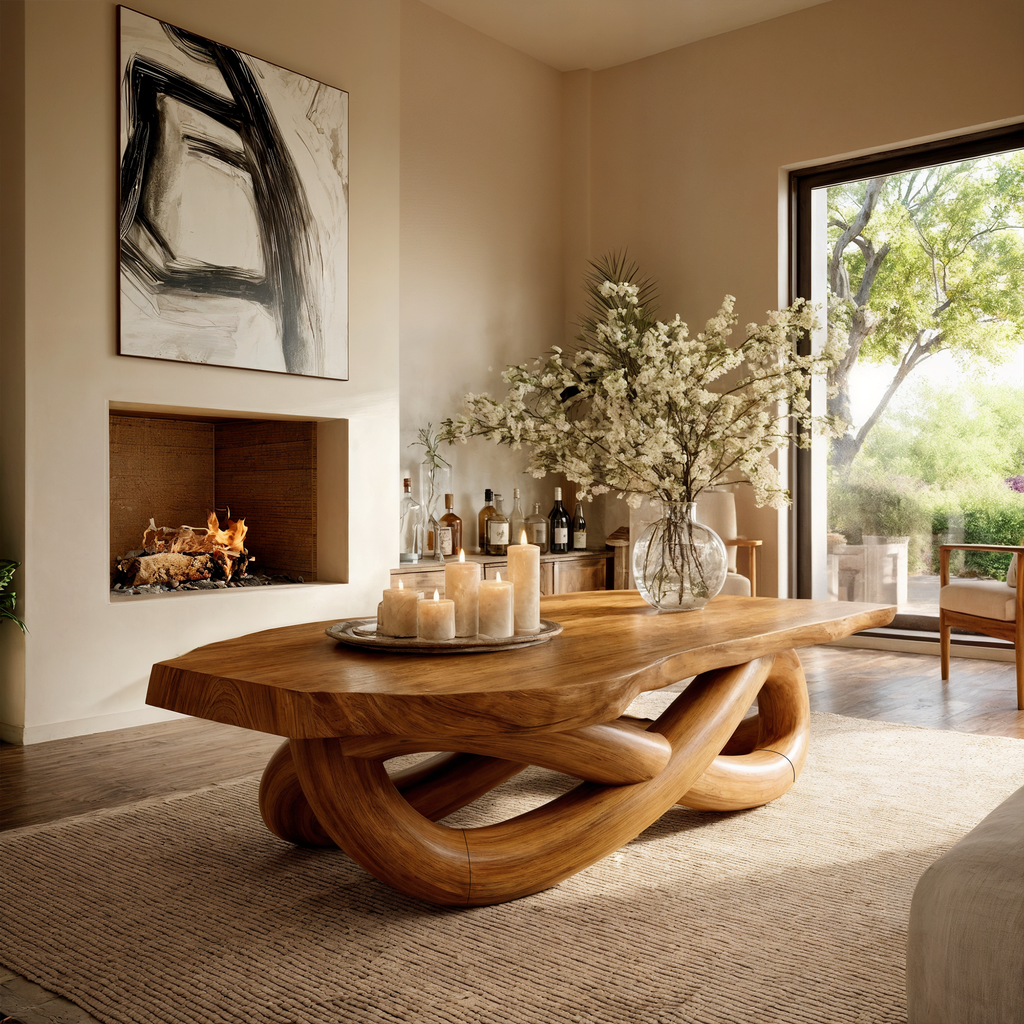 Modern Coffee Table with Twisted Sculptural Base, solid wood, built to order