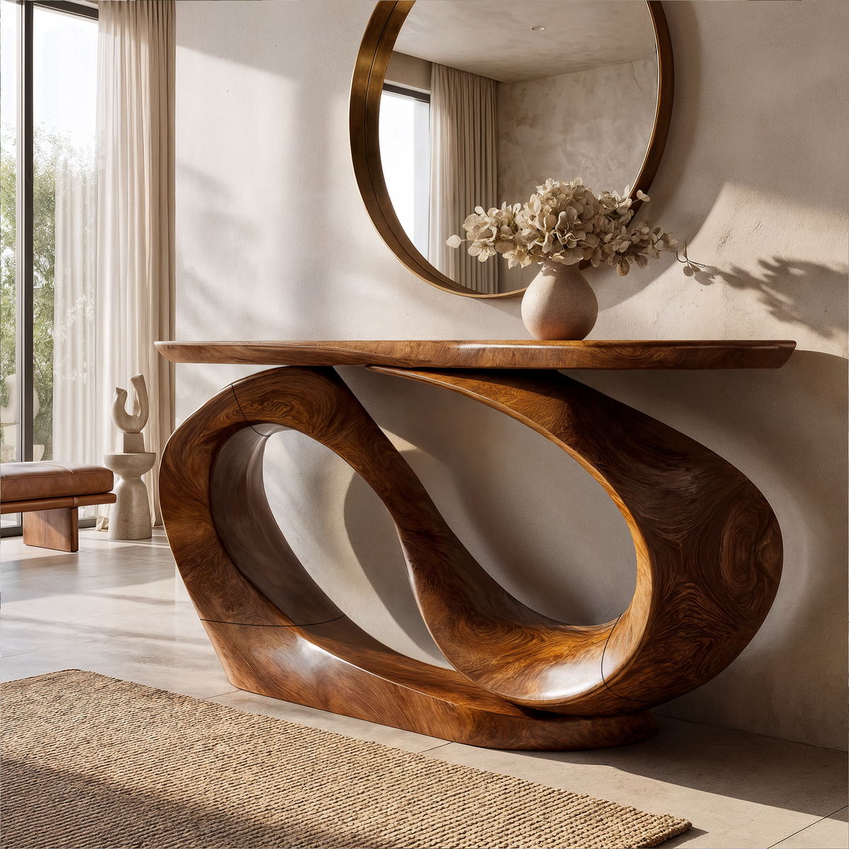 Organic Sculptural Console Table Hollow Oval Base Design, solid wood, built to order
