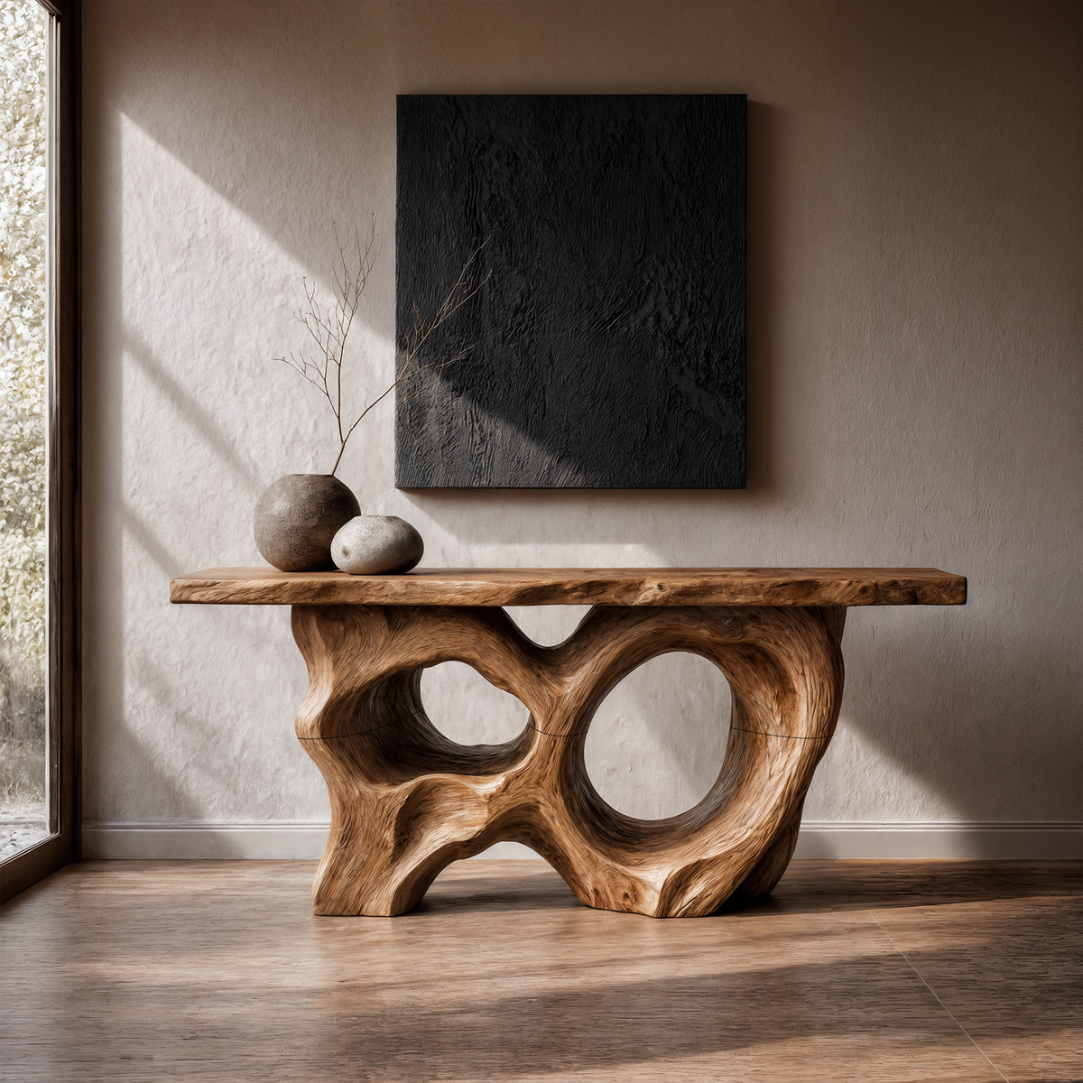 Modern Console Table with Sculptural Asymmetrical Base, solid wood, built to order