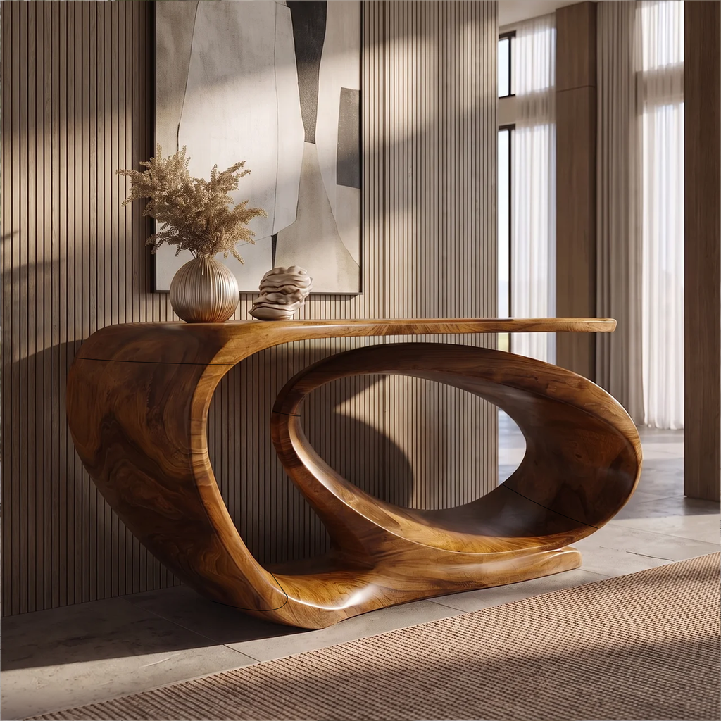 Console Table Sculptural Open Loop Base, solid wood, built to order