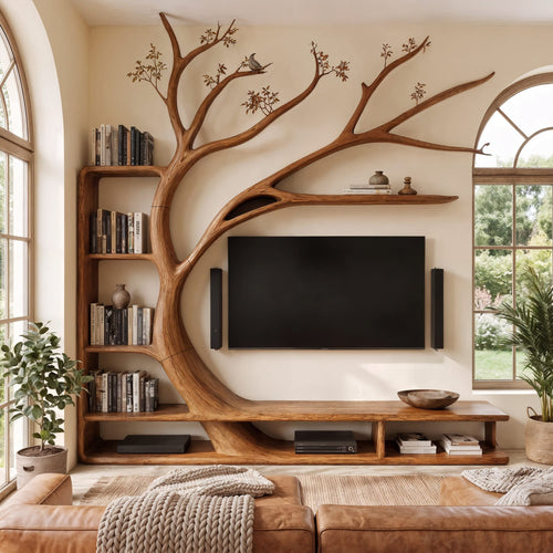 Handcrafted TV Cabinet with Tree Bookcase, solid wood, built to order