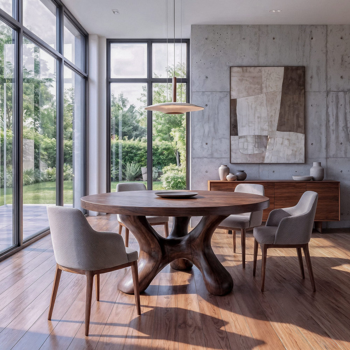 Contemporary Round Dining Table with Flowing Crossed Design, solid wood, built to order