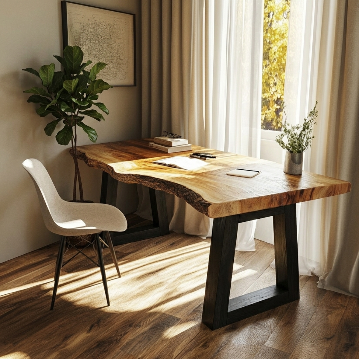 Modern Desk with Live Edge Top and Steel Base, solid wood, built to order