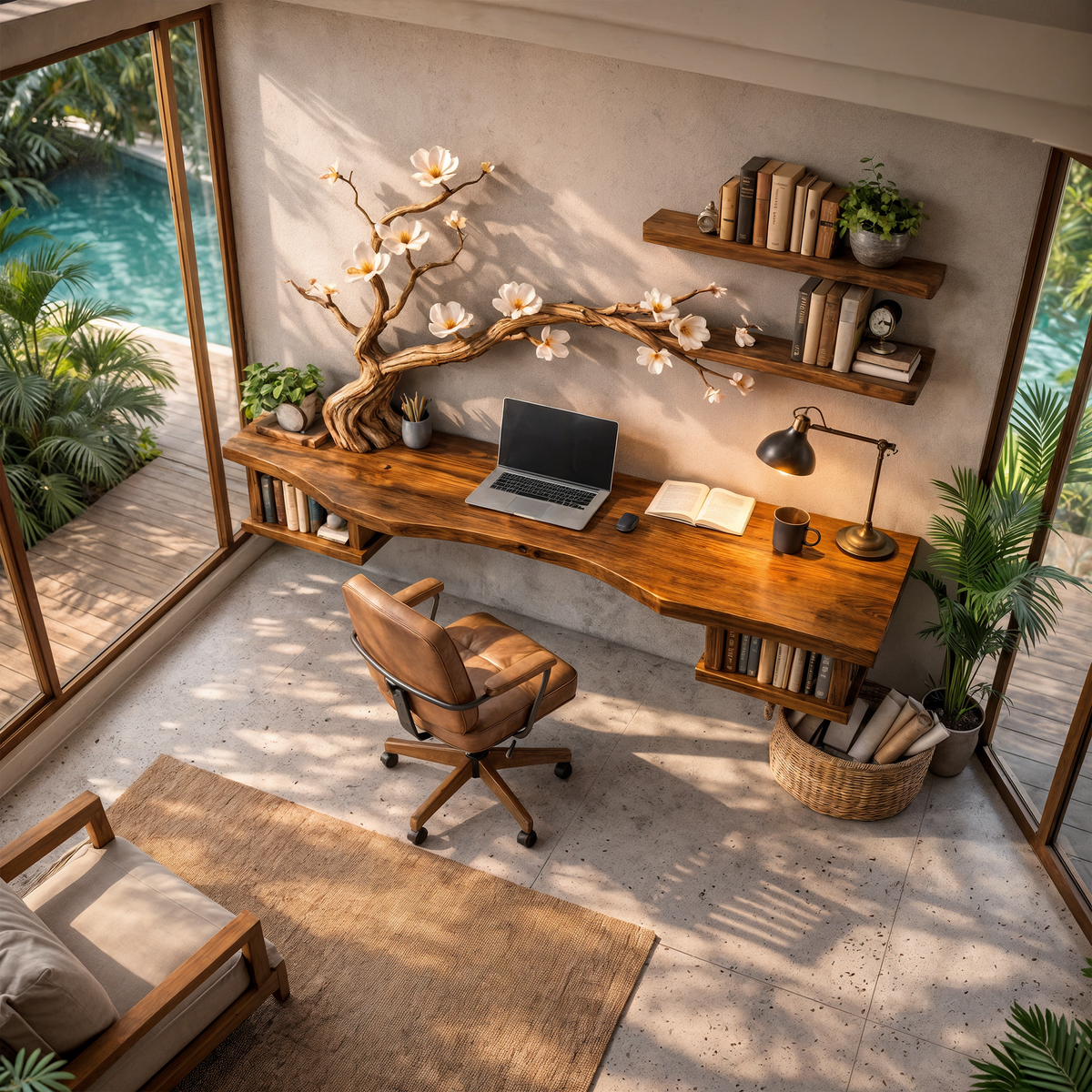 Organic Sculptural Floating Desk with Tree Branch Art, solid wood, built to order