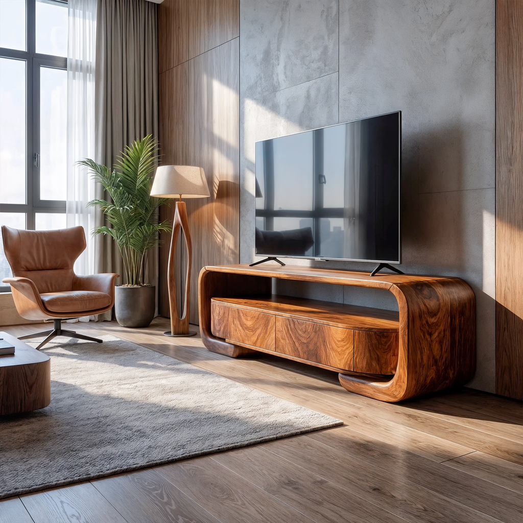 Organic Entertainment Center with Sculptural Live Edge Design, solid wood, built to order
