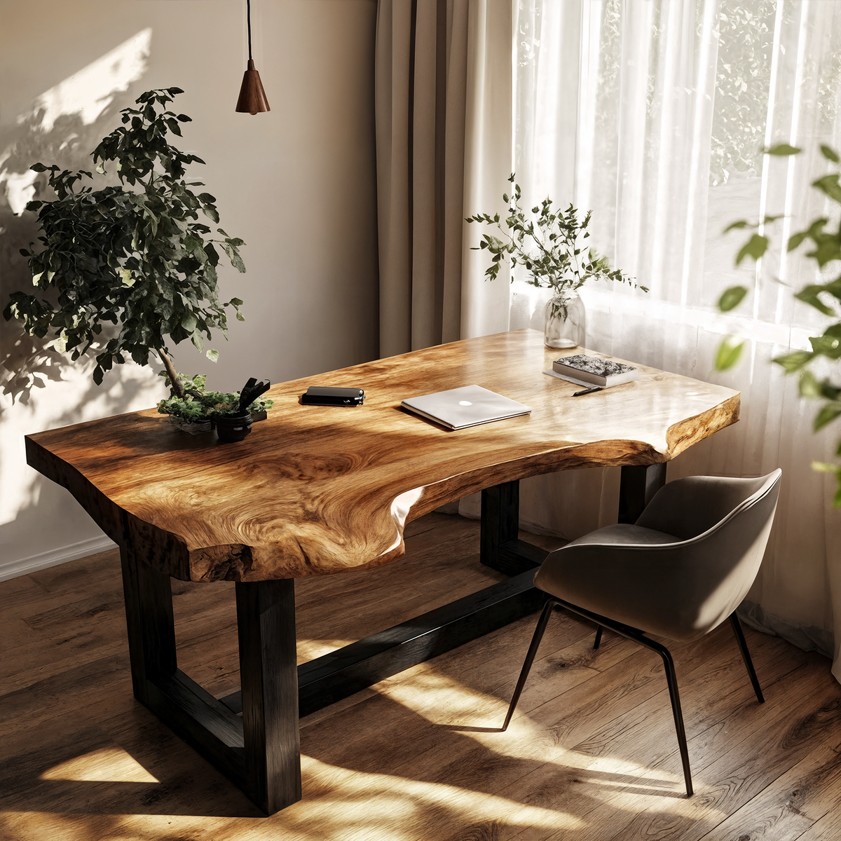 Minimal Desk with Live Edge Wooden Top, solid wood, built to order