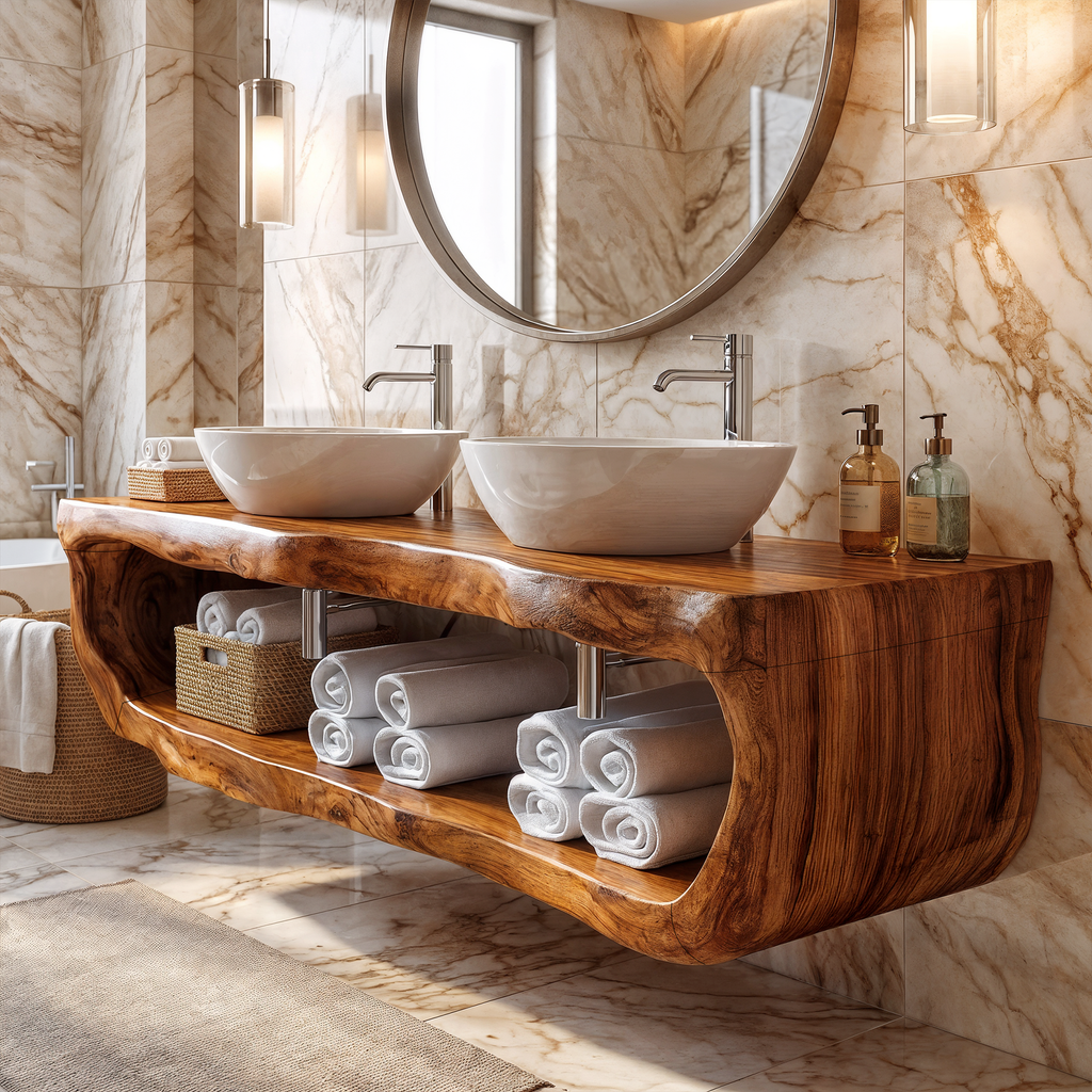 Organic Sculptural Bathroom Vanity Wall Mounted Towel Storage, solid wood, built to order