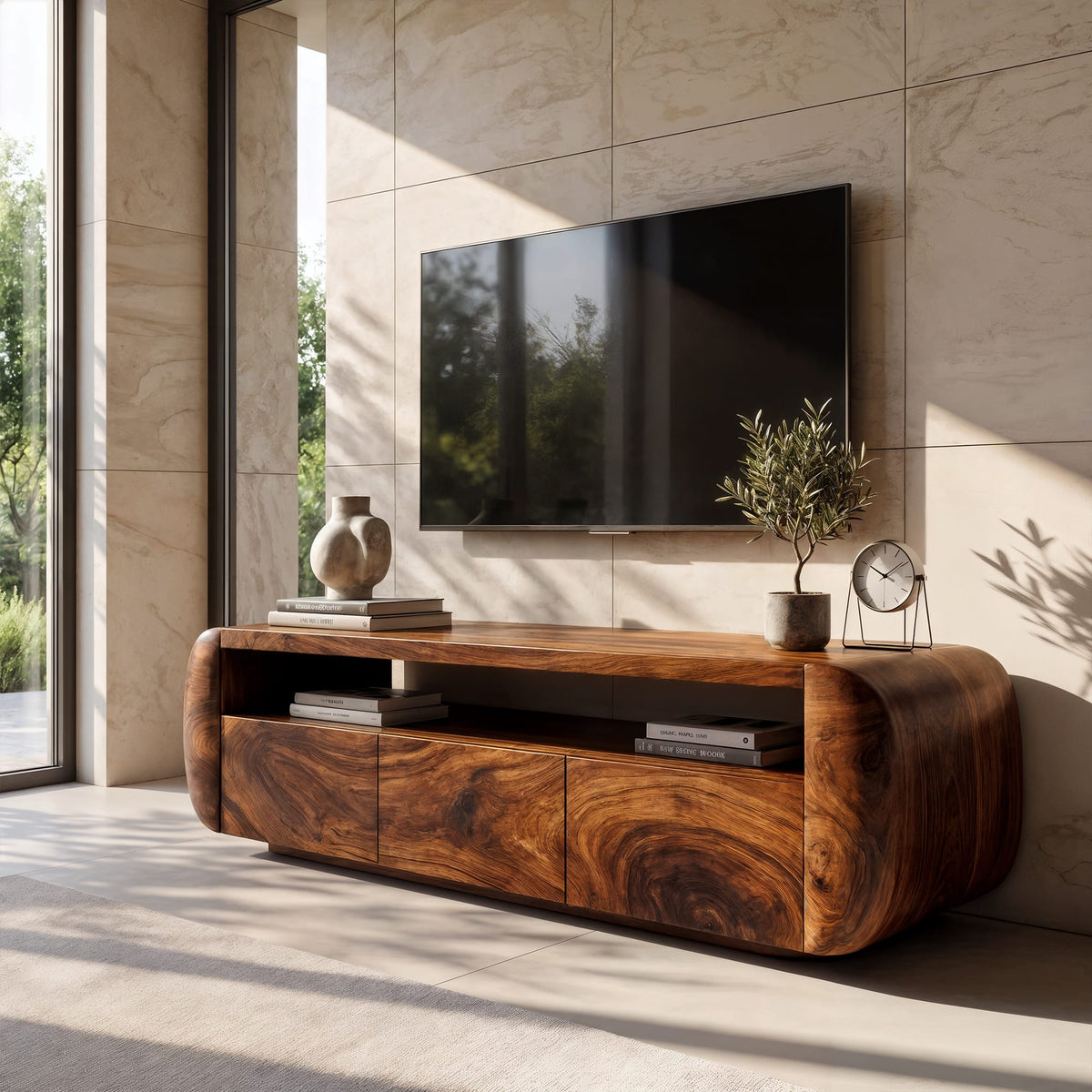 Contemporary TV Cabinet with Sculptural Form, solid wood, built to order