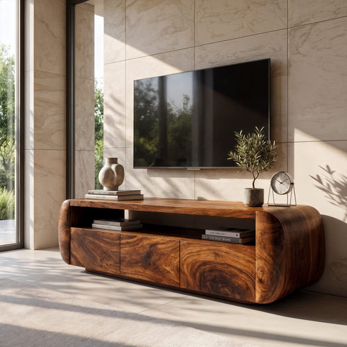 Contemporary TV Cabinet with Sculptural Form, solid wood, built to order