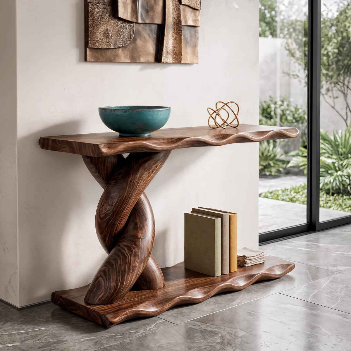 Contemporary Console Table with Spiral Base and Lower Display Shelf, solid wood, built to order