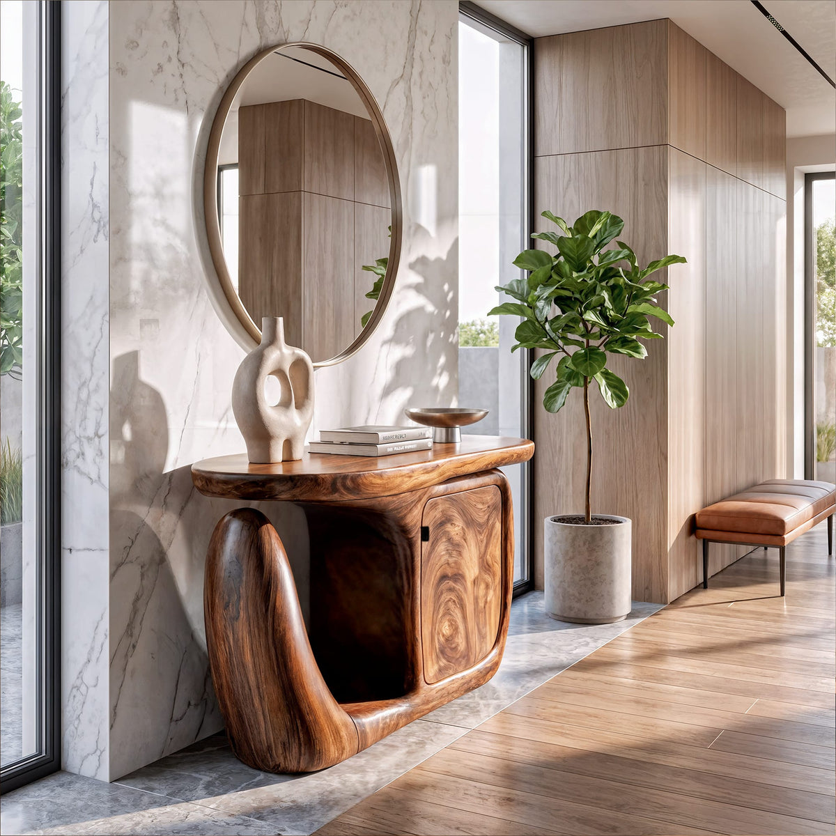 Contemporary Console Table with Sculptural Base and Storage, solid wood, built to order