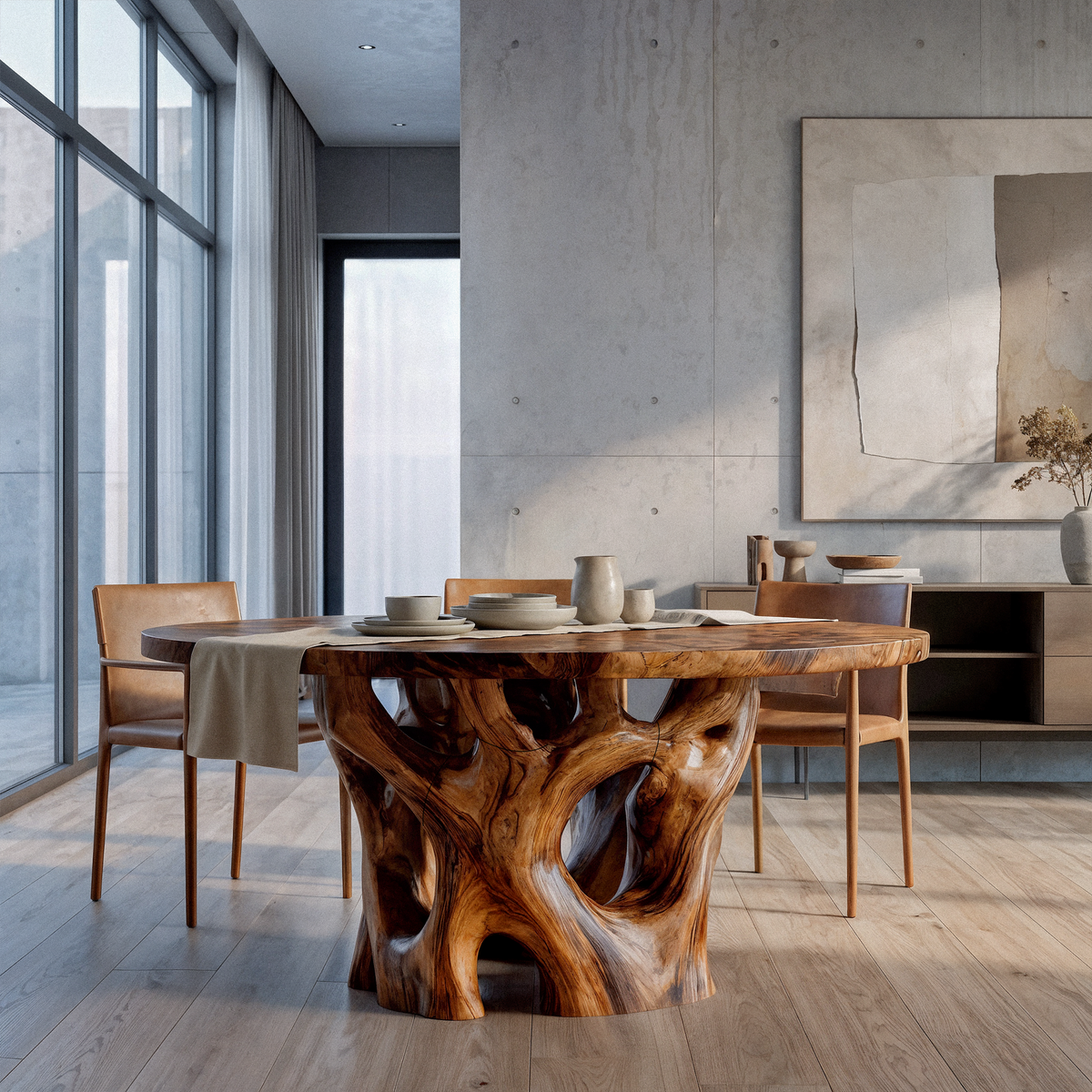 Organic Round Dining Table with Nature Inspired Cutout Form, solid wood, built to order