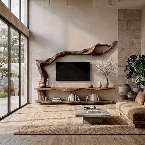 Contemporary TV Cabinet with Sculptural Tree Inspired Base, solid wood, built to order