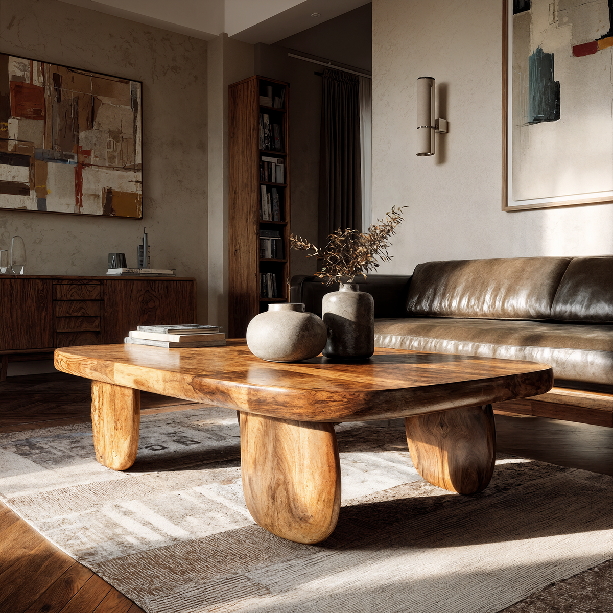 Minimal Coffee Table with Organic Pedestal Base, solid wood, built to order