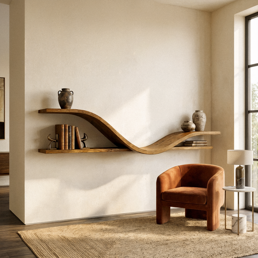 Organic Modern Curved Shelf Living Room Or Hallway, solid wood, built to order