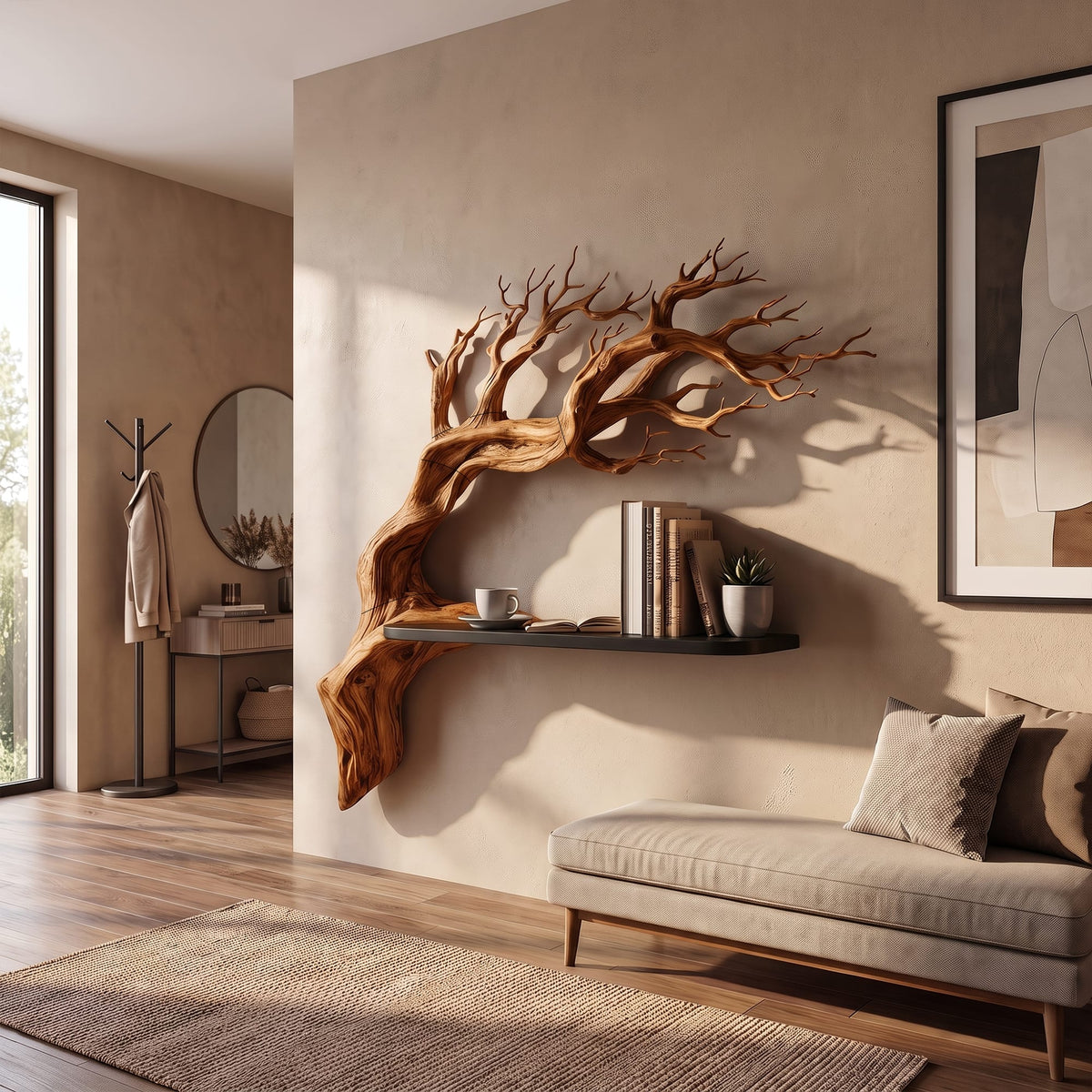 Rustic Branch Floating Shelf Bedroom Wall Decor, solid wood, built to order