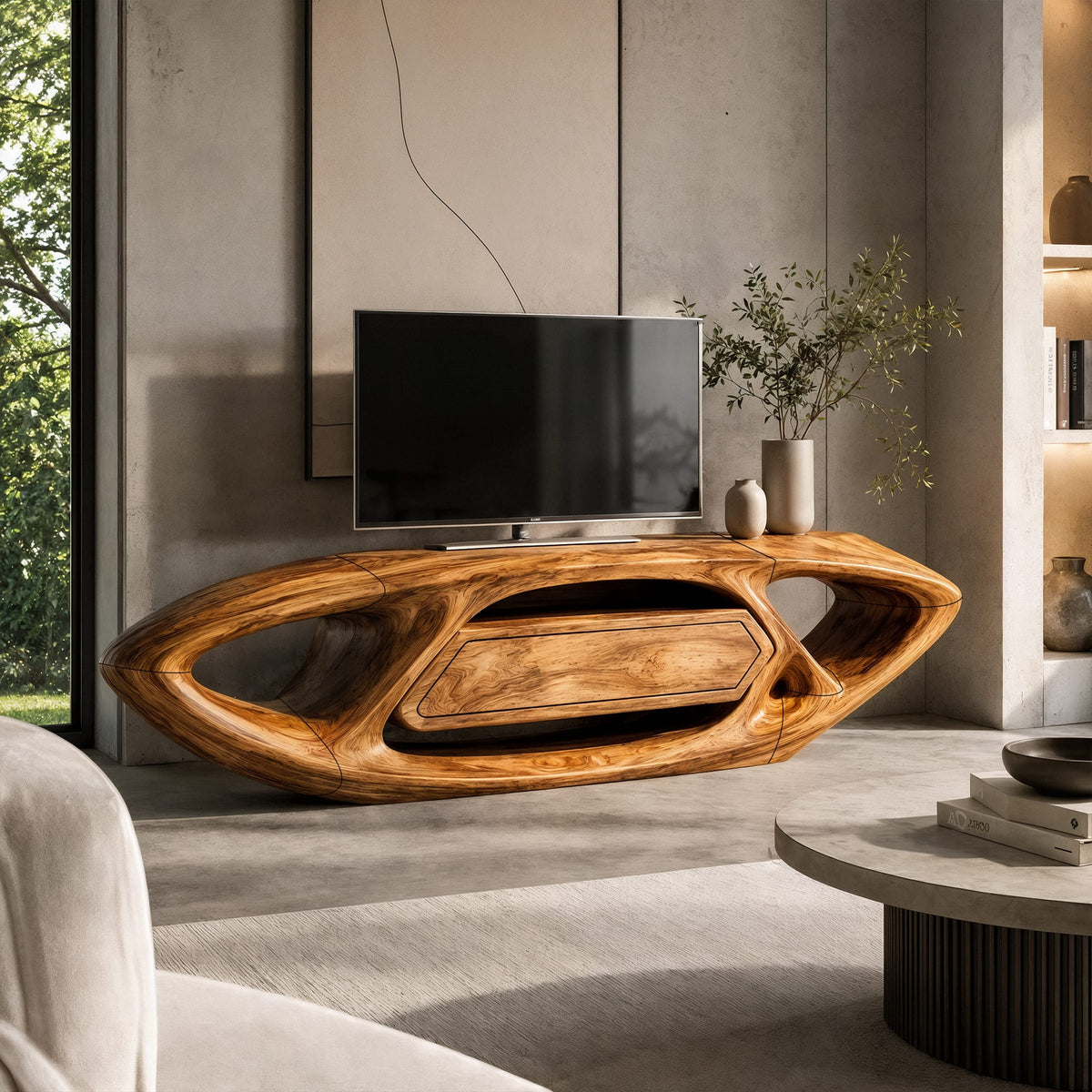 Contemporary TV Cabinet with Sculptural Oval Frame and Open Storage, solid wood, built to order