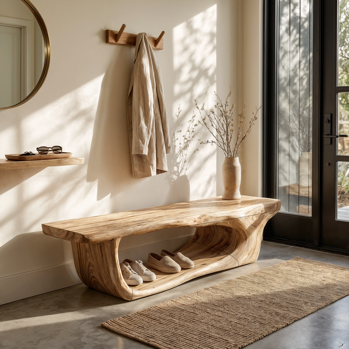 Organic Shoe Bench with Open Shoe Storage, solid wood, built to order