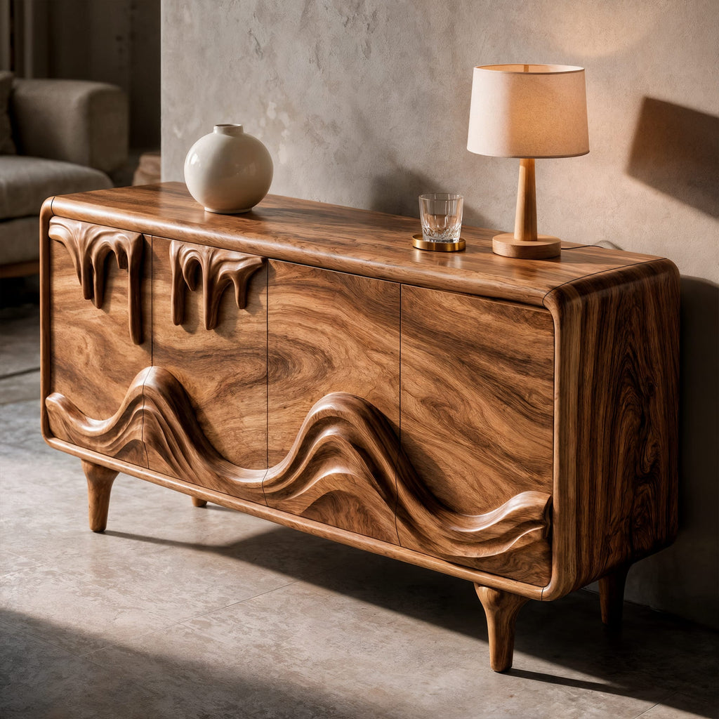 Mid Century Sideboard with Intricately Carved Front Design, solid wood, built to order