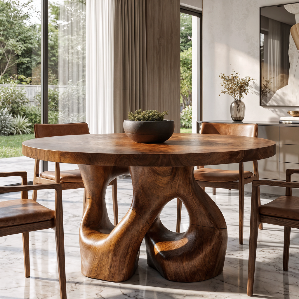 Organic Round Dining Table with Interwoven Branch Design, solid wood, built to order