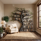 Organic Tree Bookshelf Living Room Interior Sculptural Wall Display, solid wood, built to order