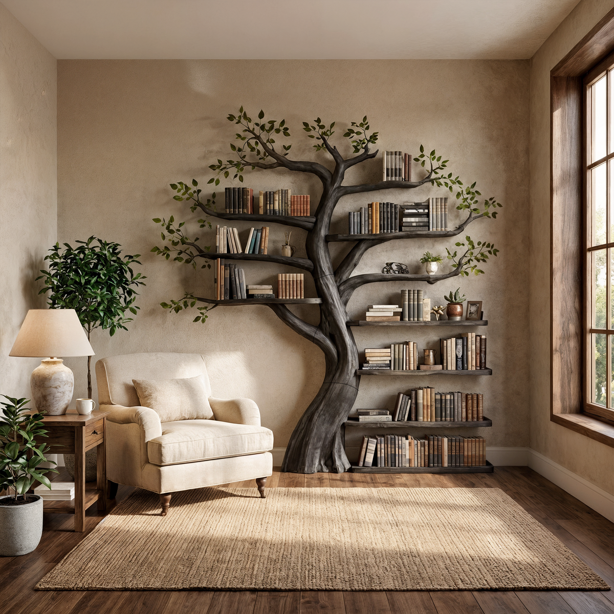 Organic Tree Bookshelf Living Room Interior Sculptural Wall Display, solid wood, built to order