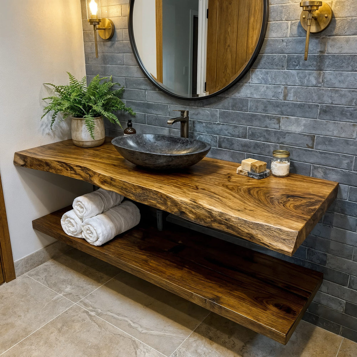 Mid Century Bathroom Vanity Shelf Curved Edge Wood Bathroom Look, solid wood, built to order