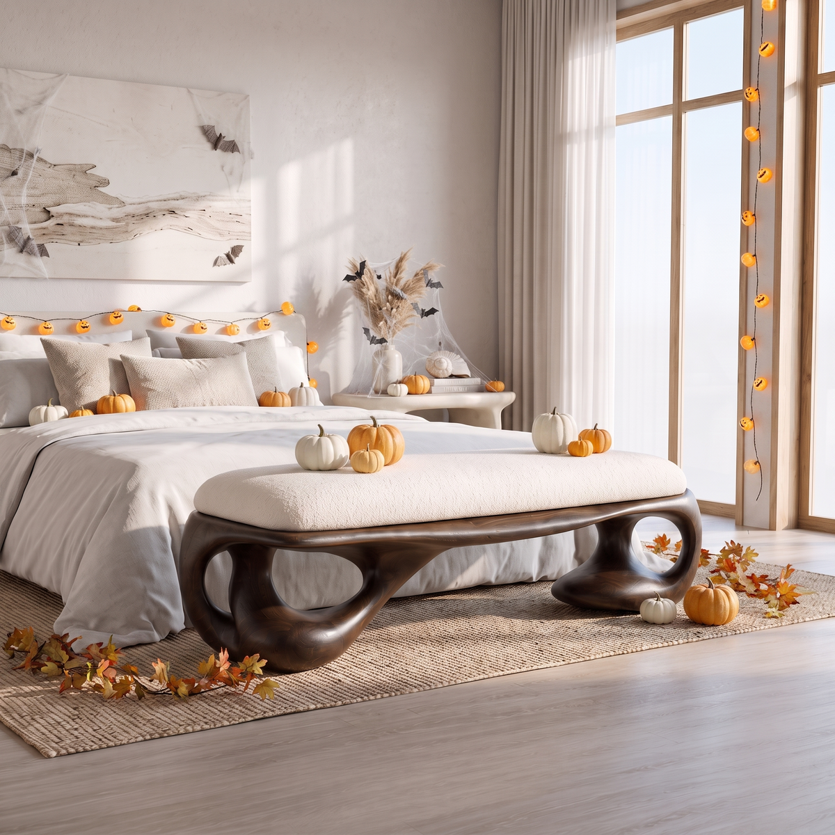 Modern Upholstered Bench with Sculptural Curved Frame, solid wood, built to order