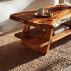 Handcrafted Coffee Table Live Edge and Lower Shelf, solid wood, built to order