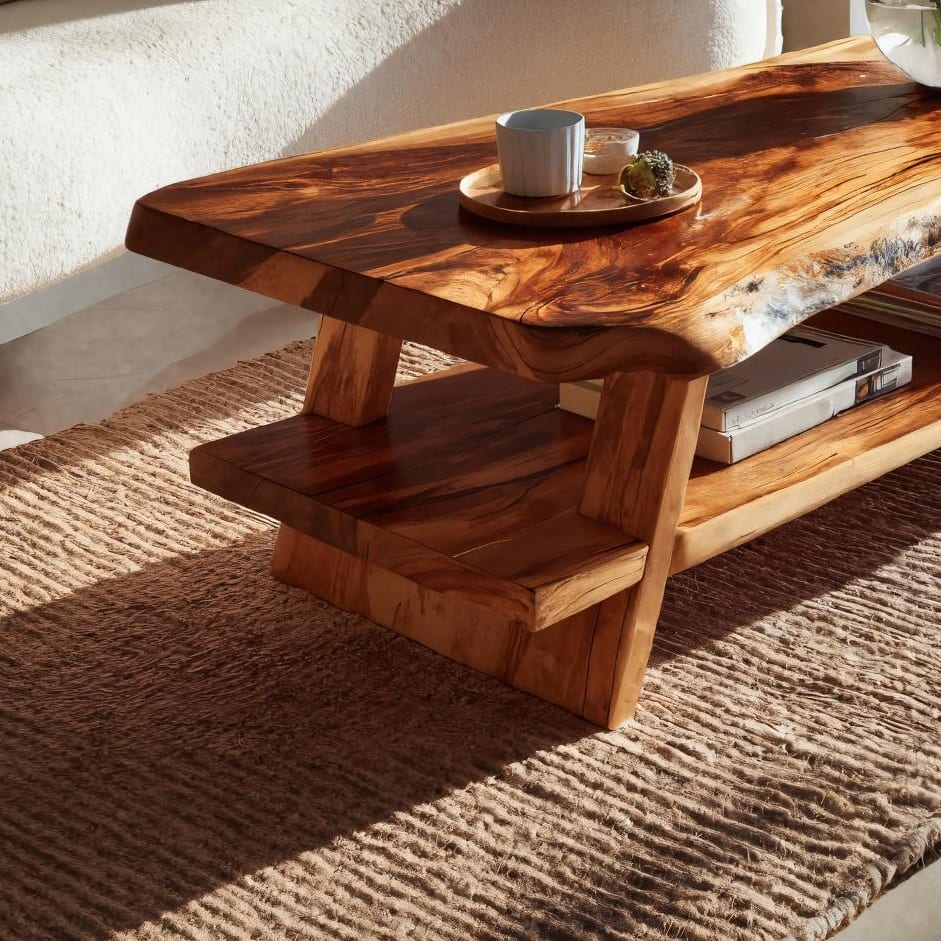 Handcrafted Coffee Table Live Edge and Lower Shelf, solid wood, built to order