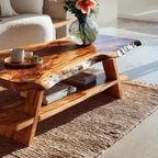 Handcrafted Coffee Table Live Edge and Lower Shelf, solid wood, built to order