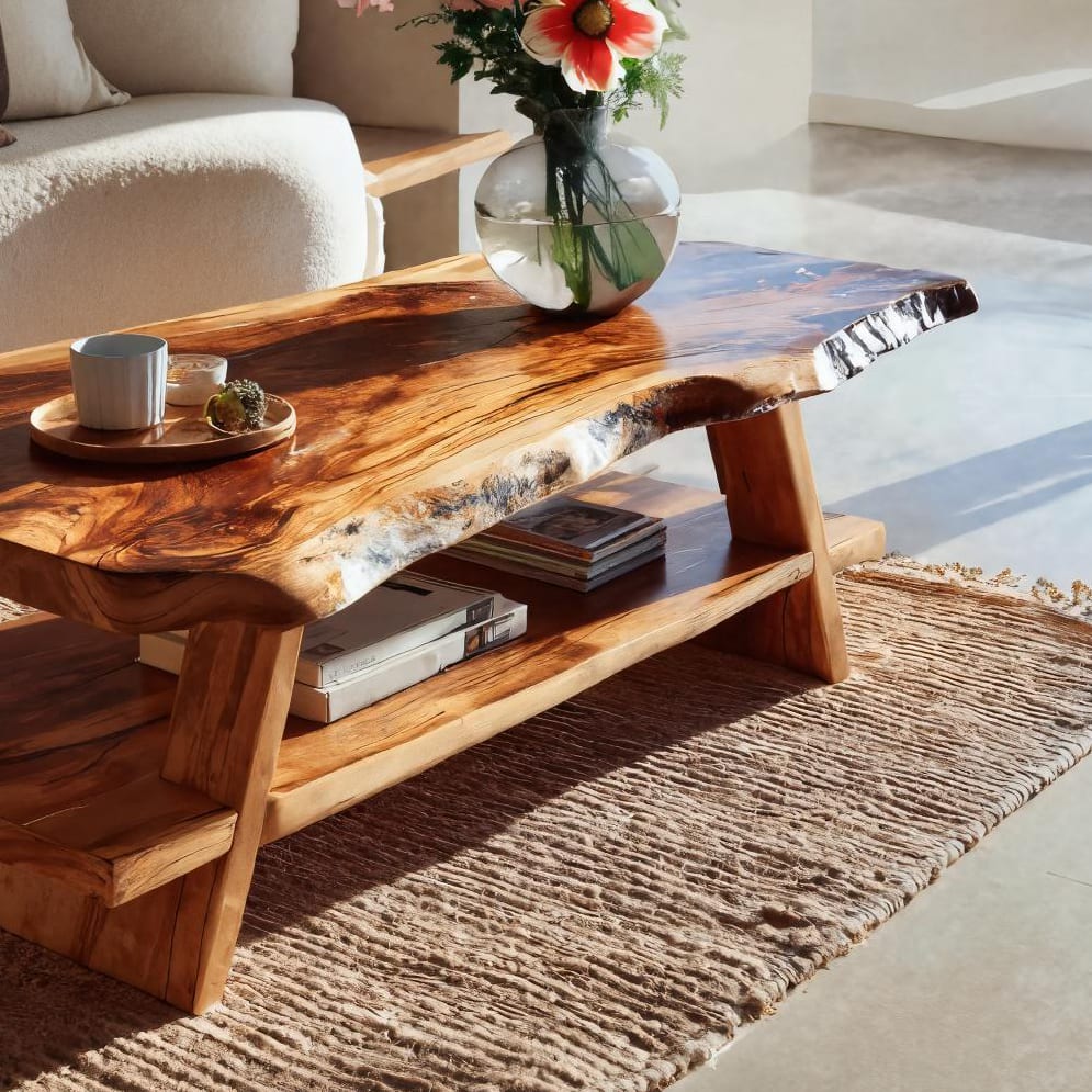 Handcrafted Coffee Table Live Edge and Lower Shelf, solid wood, built to order