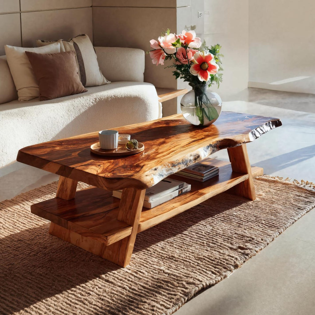 Handcrafted Coffee Table Live Edge and Lower Shelf, solid wood, built to order