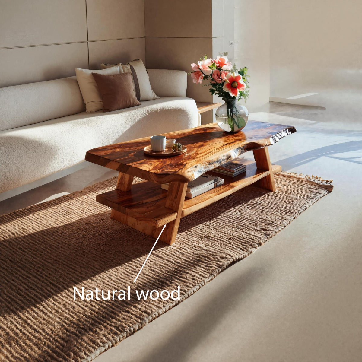 Handcrafted Coffee Table Live Edge and Lower Shelf, solid wood, built to order