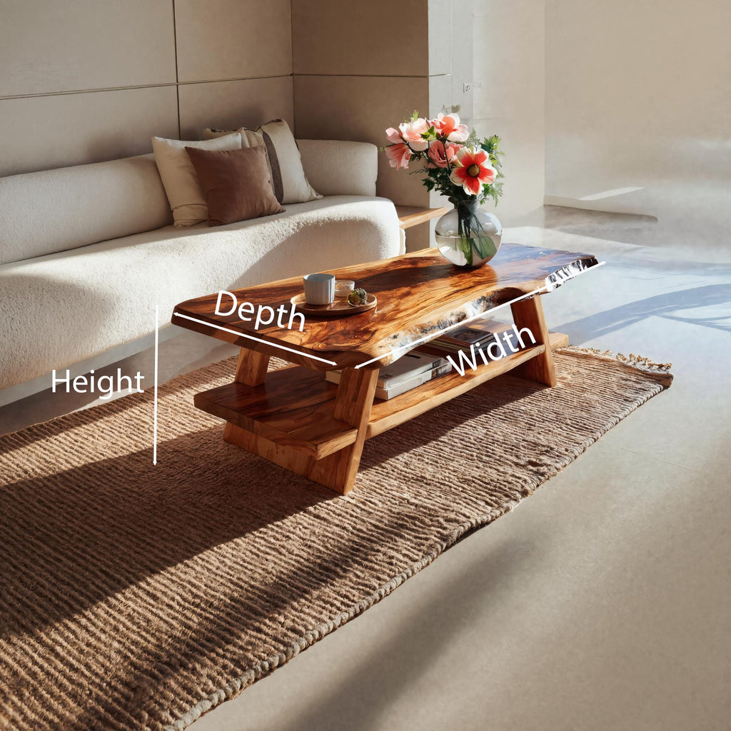 Handcrafted Coffee Table Live Edge and Lower Shelf, solid wood, built to order