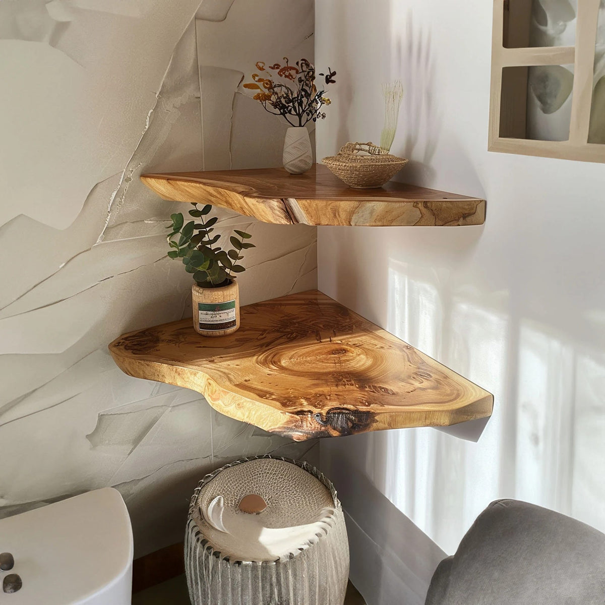 Live Edge Floating Corner Shelves, solid wood, built to order