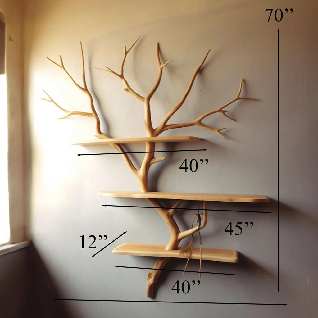 Tree Branch Floating Shelf Wall Mount Bookshelf, solid wood, built to order