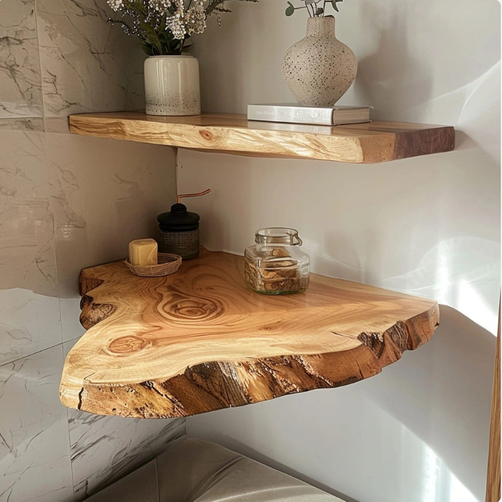 Live Edge Floating Corner Shelves, solid wood, built to order