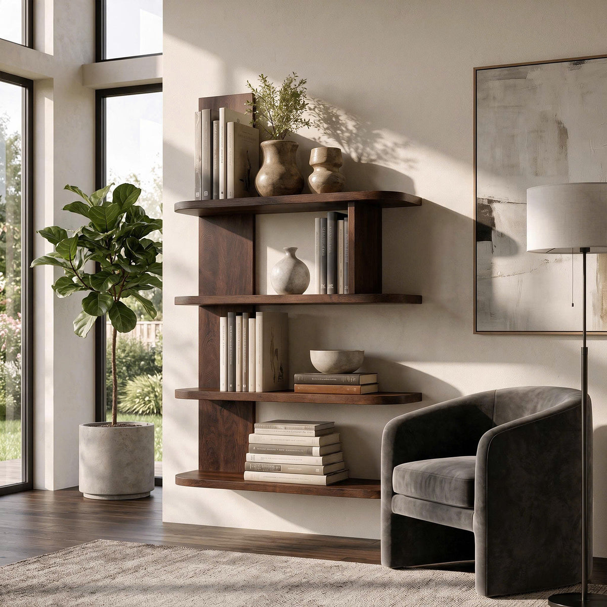 Organic Bookshelf Handcrafted Sculptural Design for Living Room, solid wood bookcase