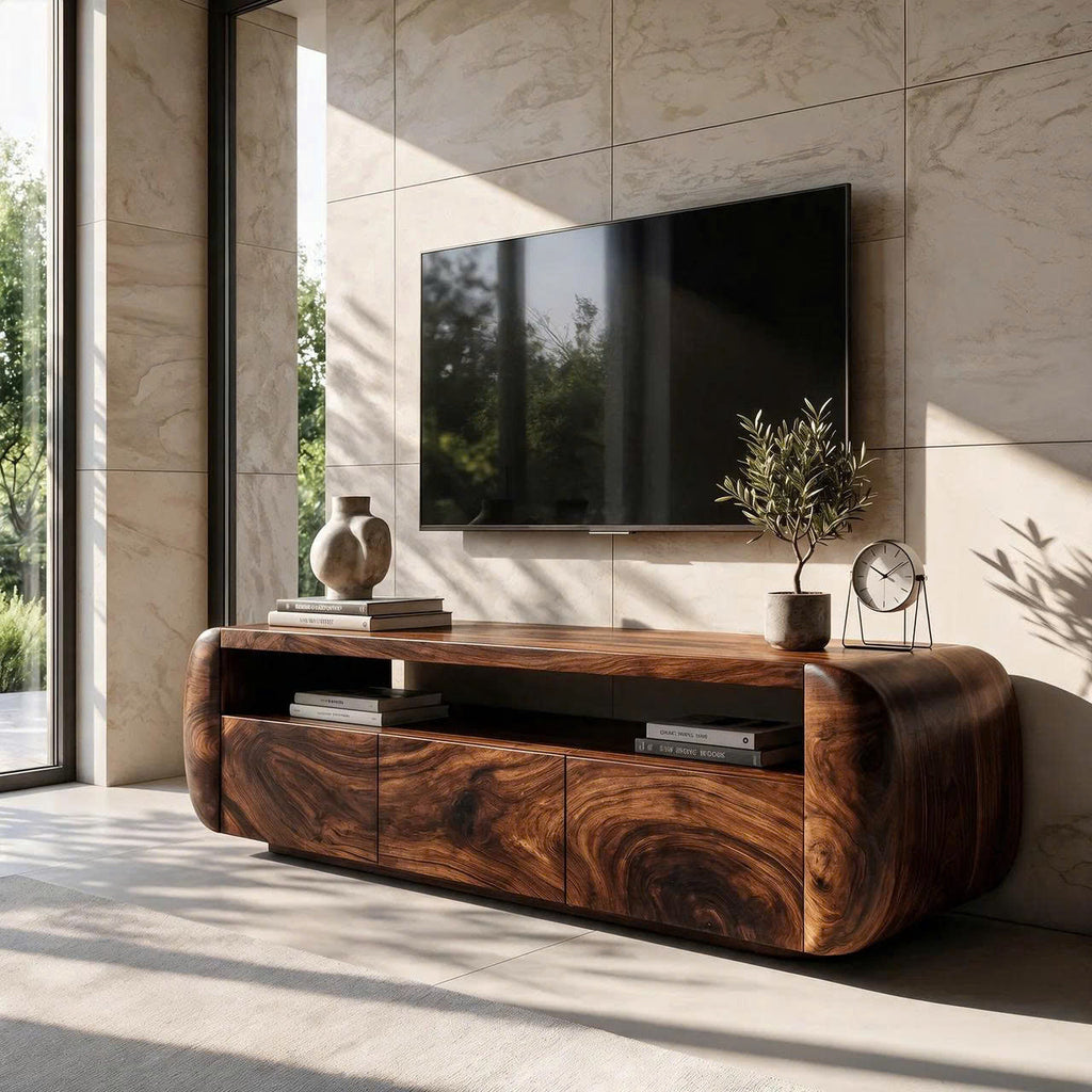 Contemporary TV Cabinet with Sculptural Form, solid wood, built to order