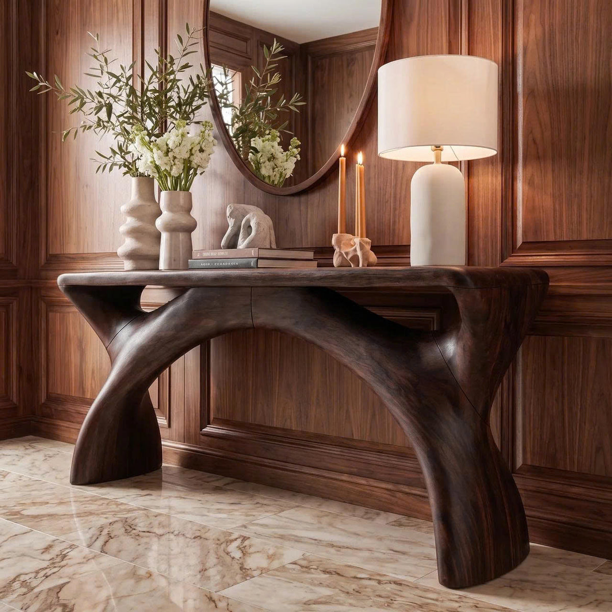 Mid Century Console Table with Flowing Curved Frame, solid wood, built to order